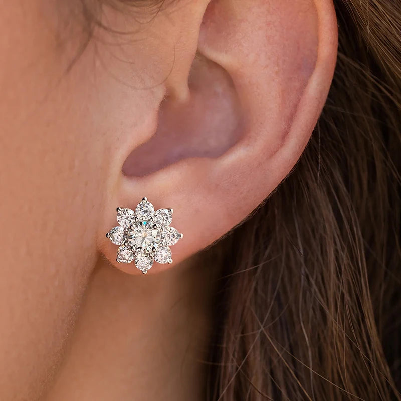 Flower Stud Earrings-Moissanite Diamond